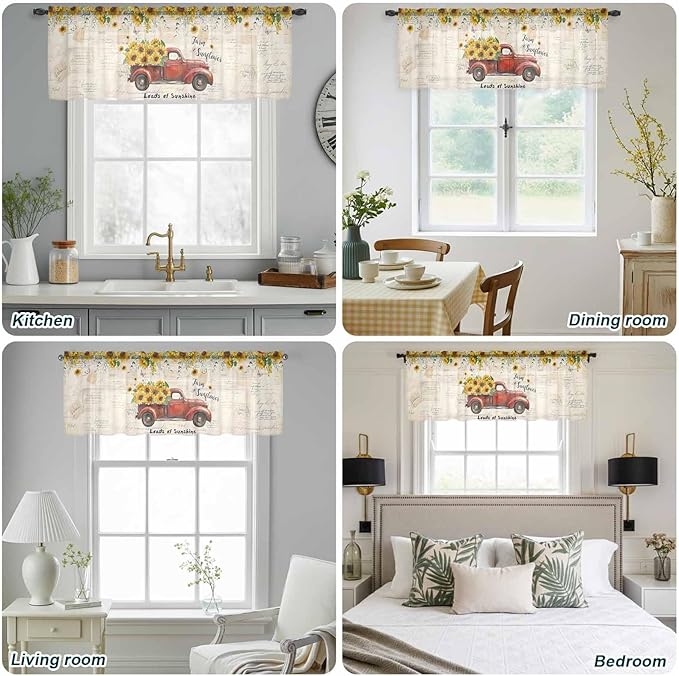 Farmhouses Sunflowers Sheer Valance Curtains, Retro Floral Leaves Red Truck Vintage Light Filtering Kitchen Valances Rod Pocket Voile Curtain Window Treatment for Bedroom/Living Room/Basement 60Wx18L