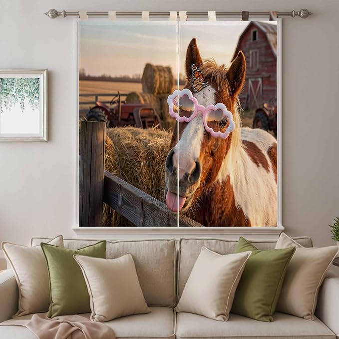 Farm Horses Living Room Curtains 84 Inch Length, Window Curtains Tab Top, Farmhouse Barn Funny Animals Butterfly Light Filtering Window Treatments Drapes 42"x84" 2 Panel