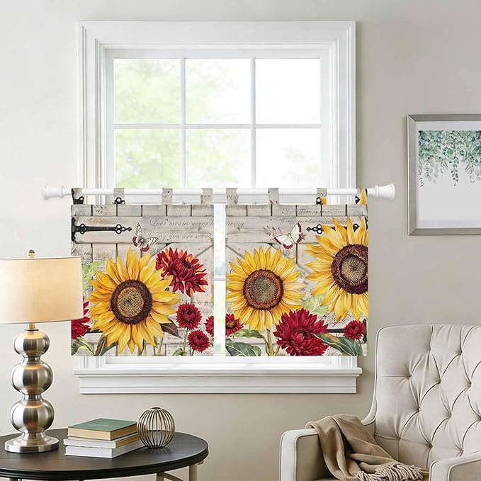 Red Yellow Sunflowers Kitchen Curtains 36 Inch Length, Small Window Curtains Tab Top, Retro Rustic Barn Doors Butterfly Brown Light Filtering Short Window Treatments Tier Drapes 27.5"x36" 2 Panel
