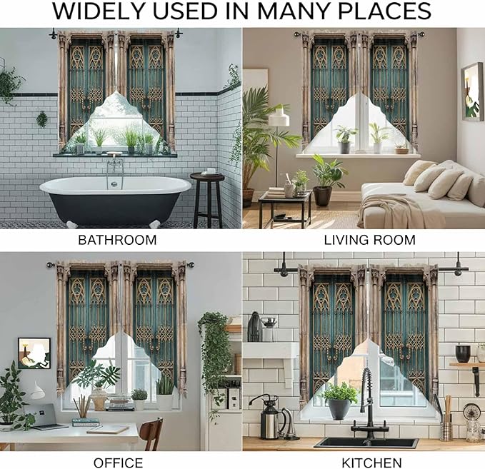 Turquoise Vintage Door Swag Valances for Windows, Countryside Barn Abstract Art Rod Pocket Kitchen Curtains Valance, Small Window Curtains Swag for Cafe Bathroom Living Room, 2 Panels, 28x36 inch