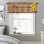 Kitchen Valances for Window, Farm Sunflower on Vintage Wood Grain Light Filtering Rod Pocket Valance Curtain, Spring Country Plant Short Curtains Window Topper for Bedroom Living Room 42x12in
