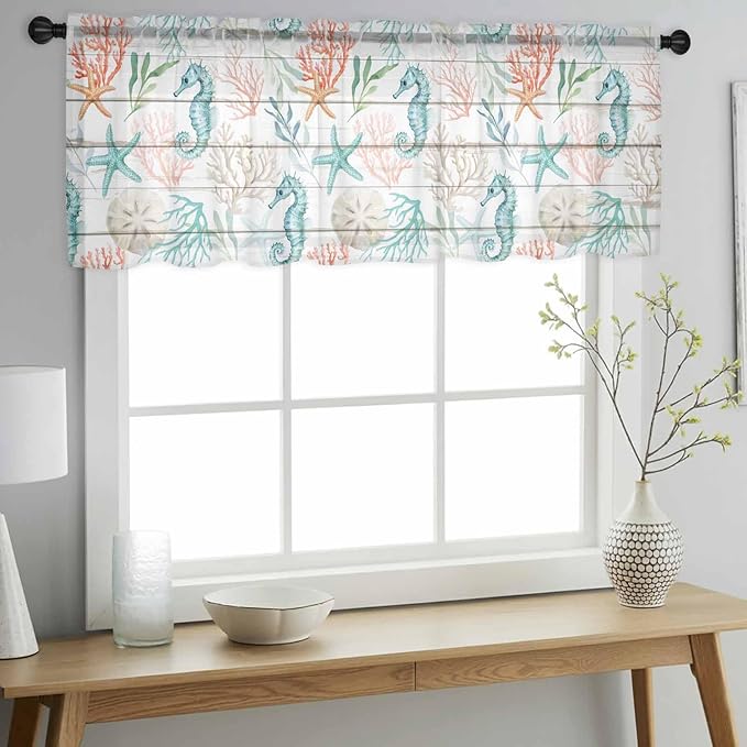 Teal Seahorse Starfish Sheer Valance Curtains, Summer Beach Coral Shell Board Light Filtering Kitchen Valances Rod Pocket Voile Curtain Window Treatment for Bedroom/Living Room/Basement 42Wx18L