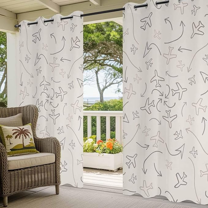 Abstract Airline Route Waterproof Outdoor Curtains for Patio, Windproof Weatherproof Curtains with Weighted Hem, Vintage Aircraft Arrows Light Filtering Privacy Drapes for Porch 54"x 108" 2 Panels