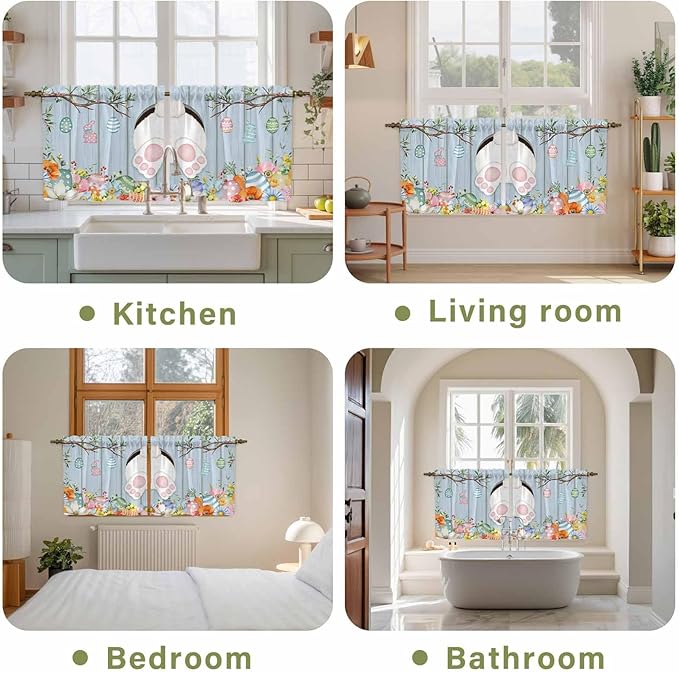Easter Kitchen Tier Curtains 36 Inch Long 2 Panel Set,Rod Pocket Half Window Curtains Over Sink,Spring Watercolor Bunny Eggs Flower Wood Grain Blue Light Filtering Short Drapes Cafe 27.5"W x 36"L