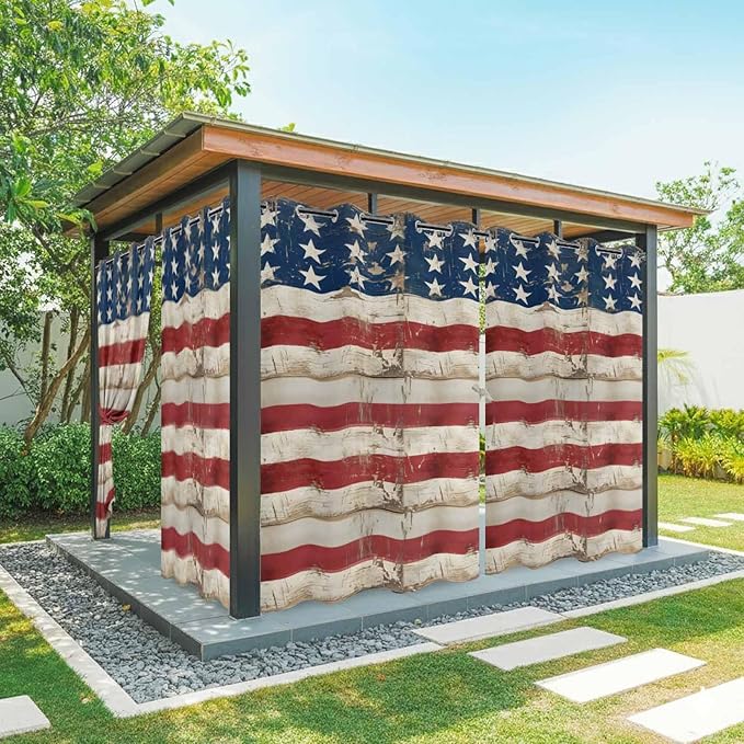 4th of July Outdoor Curtains for Patio USA Flag Independence Day Vintage Waterproof Outside Curtains with Grommet Top Weatherproof Curtain for Cabana Pergola Gazebo, 1 Panel, 54" W x 108" L