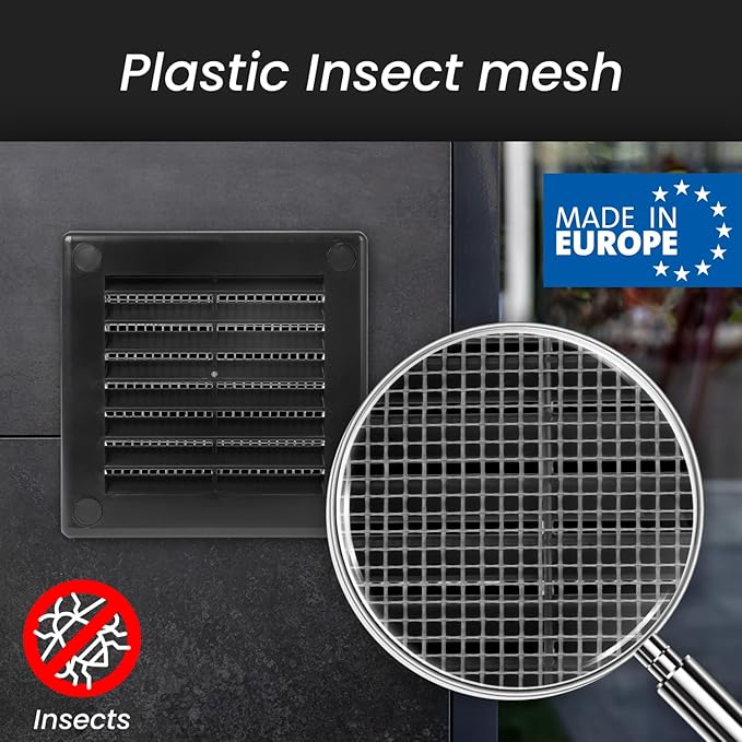 Repa Market 10 x 10 Inch (Outer) Black Square Air Vent Cover - Pack of 2 Plastic Fresh Air Intake Vent - AC Cover with Nylon Mesh Screen, Wall, Ceiling HVAC Return Air Register, Modern Soffit Vents