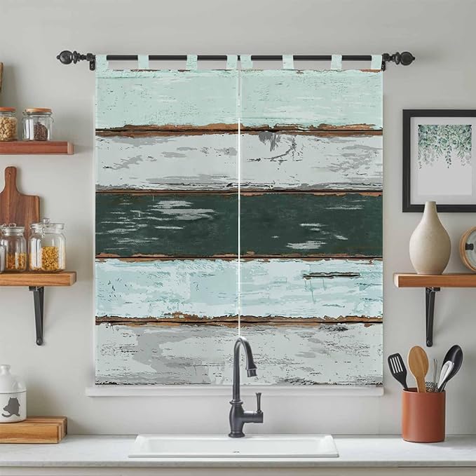 Blue Teal Living Room Curtains 84 Inch Length, Window Curtains Tab Top, Vintage Wooden Retro Art Farmhouse Barns Light Filtering Window Treatments Drapes 42"x84" 2 Panel