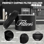 Black Basket Coffee Filter Holder With Lid - Round Container for Counter Storage - Rustic Farmhouse Bar Accessories Decor
