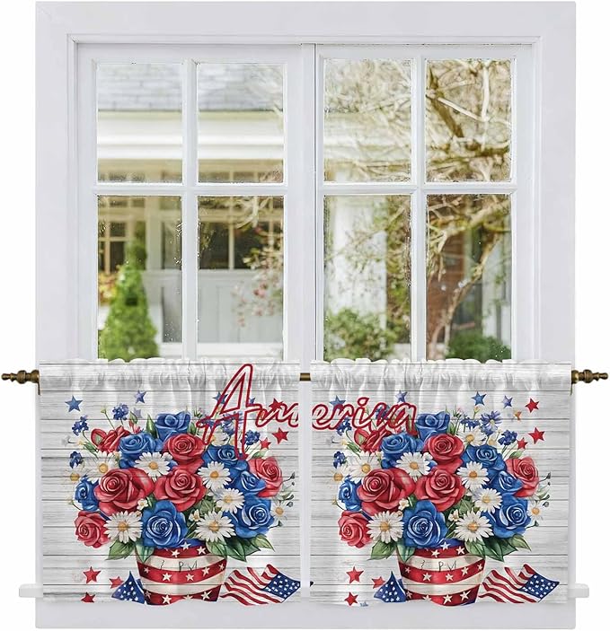 Independence Day Kitchen Tier Curtains 24 Inch Long 2 Panel Set,Rod Pocket Cafe Small Window Curtains Over Sink,4 of July Rose Wooden Grain Vintage Light Filtering Short Drapes 27.5"W x 24"L