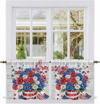Independence Day Kitchen Tier Curtains 24 Inch Long 2 Panel Set,Rod Pocket Cafe Small Window Curtains Over Sink,4 of July Rose Wooden Grain Vintage Light Filtering Short Drapes 27.5"W x 24"L
