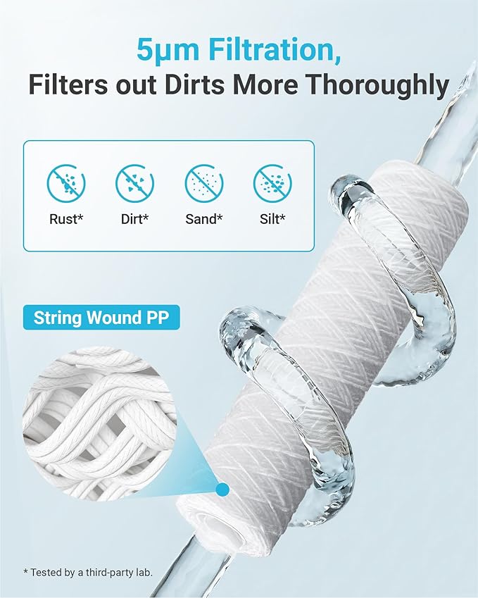 AQUA CREST AP110 5 Micron 10"x2.5" String Wound Whole House Water Filter Replacement for 3M® Aqua-Pure AP110, Culligan® P5, APEC, GE FXUSC, Whirlpool®, Any 10" x 2.5" Home Water Filter, Pack of 6