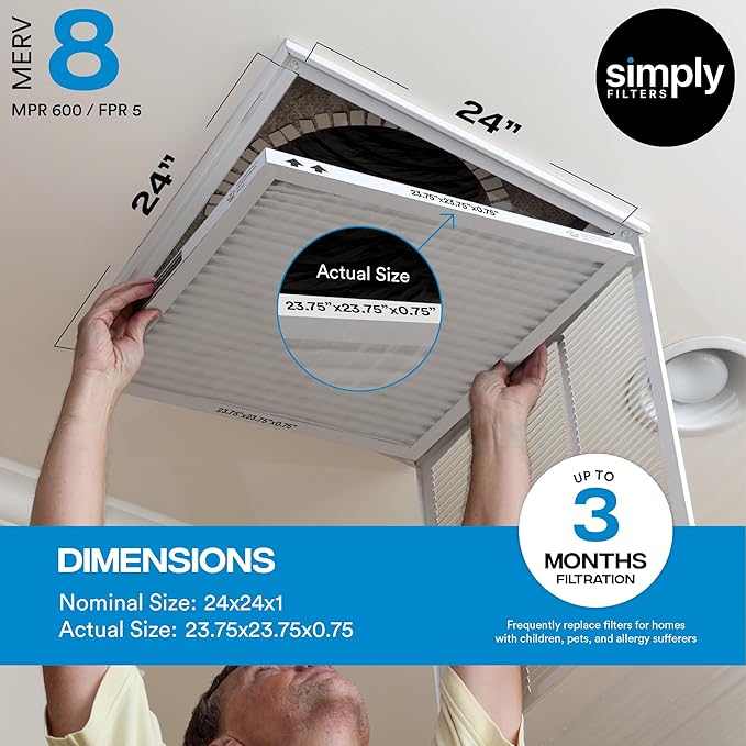 Simply 24x24x1 Air Filter, Merv 8, 4 Pack, For Home AC Furnace & HVAC (Actual Size: 23.75"x23.75"x0.75") DUST, Pet, & Allergy Control