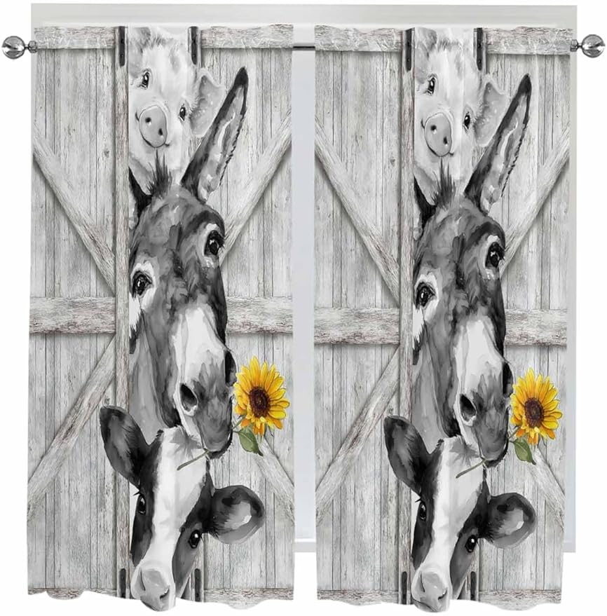 Grey Farmhouse Living Room Curtains 72 Inches Length, Vintage Sunflowers Animals Printed Window Treatment Curtain Drapes, Light Filtering Drapes for Bedroom Laundry Room, 52"x72", 2 Panels