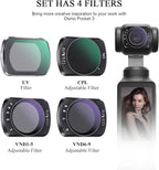 Variable ND Lens Filters Kit for DJI Osmo Pocket 3 Creator Combo Accessories Variable ND Filters 1-5 Stops + 6-9 Stops Compatible-4 Pack(VND2-32 VND64-512 UV CPL)