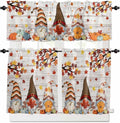 Fall Gnomes Kitchen Curtain Set, Thanksgiving Maple Leaf Grey Wood Grain Window Valance and Tiers 36" Length, Light Filtering Short Curtains Valance for Cafe Bathroom Bedroom 54"x18"