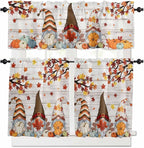 Fall Gnomes Kitchen Curtain Set, Thanksgiving Maple Leaf Grey Wood Grain Window Valance and Tiers 36" Length, Light Filtering Short Curtains Valance for Cafe Bathroom Bedroom 54"x18"