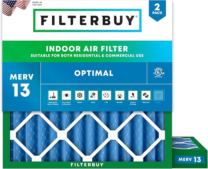 Filterbuy 25x25x2 Air Filter MERV 13 Optimal Smoke & Allergy Defense (2-Pack), Electrostatic Pleated HVAC AC Furnace Filters Replacement, Made in USA (Actual Size: 24.50 x 24.50 x 1.75)
