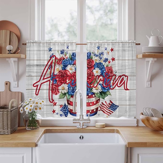 Independence Day Kitchen Curtains 45 Inch Long 2 Panel Set, Rod Pocket Window Treatment, 4 of July Rose Wooden Grain Vintage Light Filtering Panels Short Drapes for Bathroom Camper 42"W x 45"L