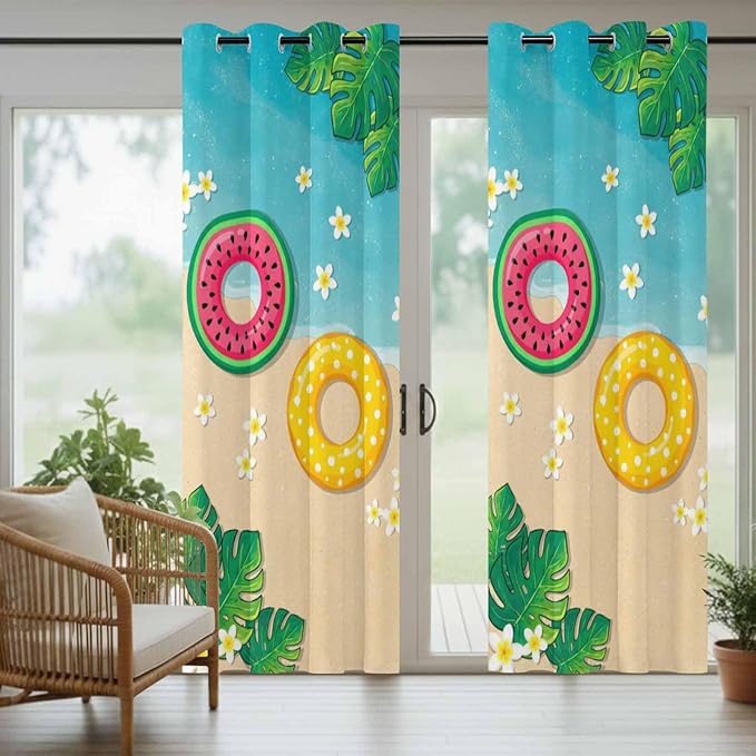 Summer Outdoor Curtains for Patio Plumeria Swimming Circles Ocean Beach Waterproof Outside Curtains with Grommet Top Weatherproof Curtain for Cabana Pergola Gazebo, 2 Pack, 54" W x 95" L