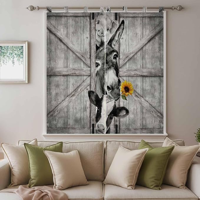 Funny Farm Animals Living Room Curtains 84 Inch Length, Window Curtains Tab Top, Vintage Barn Grey Sunflowers Light Filtering Window Treatments Drapes 42"x84" 2 Panel