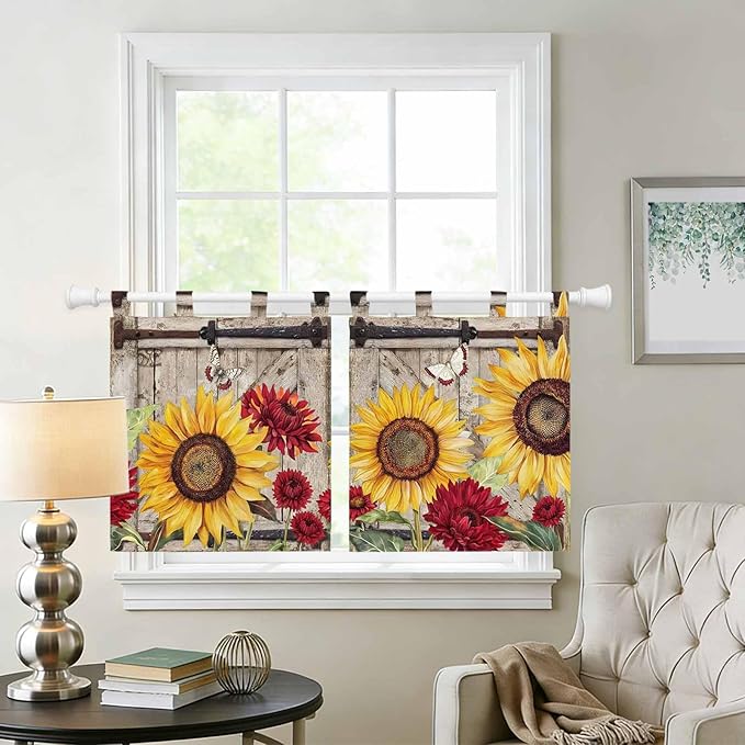 Sunflowers Kitchen Curtains 24 Inch Length, Small Window Curtains Tab Top, Retro Flower Barn Doors Butterfly Farmhouse Brown Light Filtering Short Window Treatments Tier Drapes 27.5"x24" 2 Panel