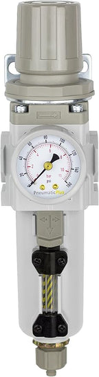 PneumaticPlus SAW300-N03BG-MEP Compressed Air Filter Regulator Piggyback Combo 3/8" NPT - Metal Bowl, Manual Drain, Bracket, Gauge