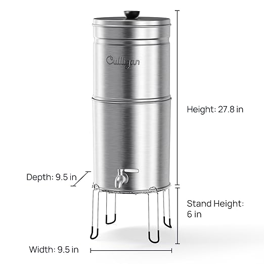 Culligan MaxClear 3 Gallon Gravity Water Filter System, Brushed Stainless-Steel Countertop Water Filter NSF/ANSI Certified to Reduce Microplastics, Lead & Total PFAS, with 1 Ceramic Filter
