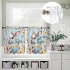 Happy Easter Kitchen Curtains Set 3 Piece for Windows,Rod Pocket Valance and Tier Set 36 Inch Length,Spring Grey Bunny Colorful Eggs Flower Blue Light Filtering Cafe Curtains for Living Room