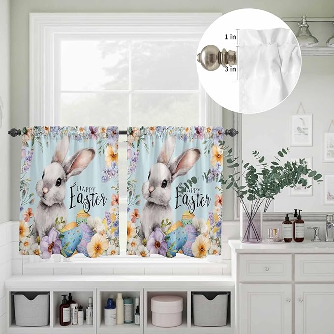 Happy Easter Kitchen Curtains Set 3 Piece for Windows,Rod Pocket Valance and Tier Set 36 Inch Length,Spring Grey Bunny Colorful Eggs Flower Blue Light Filtering Cafe Curtains for Living Room