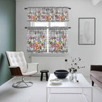 Spring Flowers Kitchen Curtains Set 3 Piece for Windows, Rod Pocket Valance and Tier Set 24 Inch Length, Farmhouse Black Plaid Wood Grain Light Filtering Cafe Curtains for Living Room Bathroom
