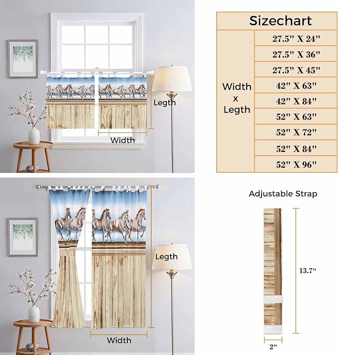 Western Horse Kitchen Curtains 45 Inch Length, Short Cafe Window Curtains Tab Top, Farmhouse Wooden Grain Vintage Cowboy Barn Door Light Filtering Window Treatments Tier Drapes 27.5"x45" 2 Panel