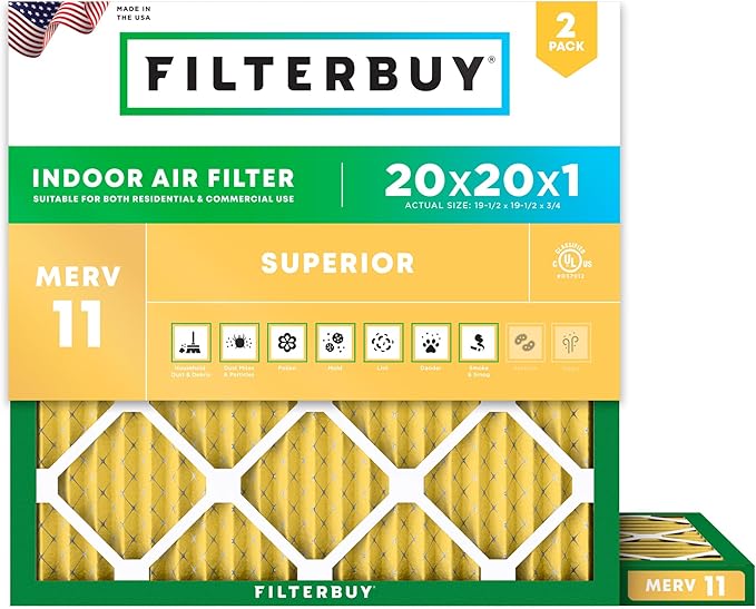 Filterbuy 20x20x1 Air Filter MERV 11 Superior Pet & Allergy Defense (2-Pack), Electrostatic Pleated HVAC AC Furnace Filters Replacement, Made in USA (Actual Size: 19.50 x 19.50 x 0.75)