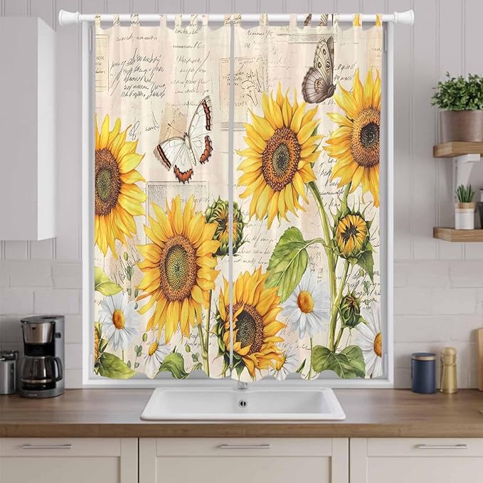 Yellow Sunflowers Living Room Curtains 96 Inch Length, Window Curtains Tab Top, Country Farm Butterfly Flower Light Beige Light Filtering Window Treatments Drapes 52"x96" 2 Panel