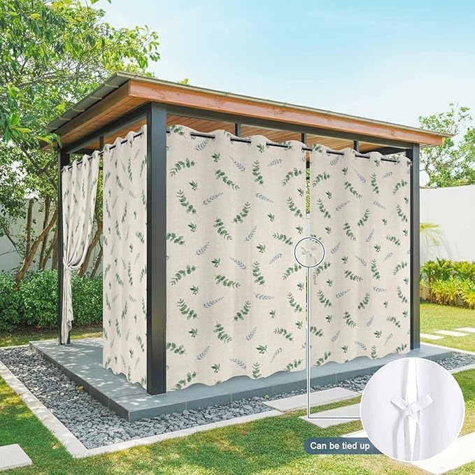 Leaf Outdoor Curtains for Patio Summer Jugal Leaves Pastoral Plant Linen Waterproof Outside Curtains with Grommet Top Weatherproof Curtain for Cabana Pergola Gazebo, 1 Panel, 54" W x 84" L