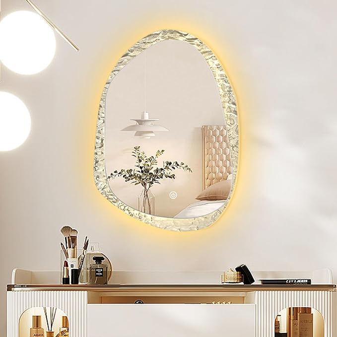 Irregular Bathroom Mirror with LED Light, Lighted Bathroom Makeup Wall Mounted Mirror with Demister Pad, 3 Colors Dimmable Lighting, Sensor Touch Switch(A,50x70cm)