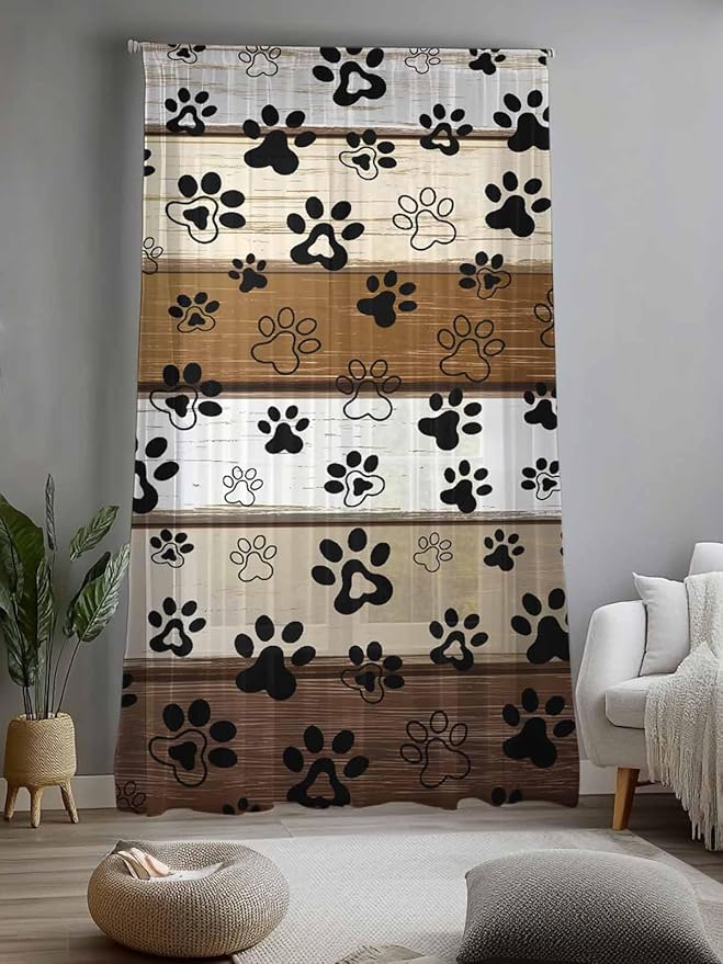 Sheer Curtains 96 Inches Long, Brown Beige Farmhouse Semi Sheer Curtains Light Filtering Window Treatment, Black Dog Paw Vintage Wooden Privacy Voile Drapes for Living Room Bedroom 52x96 Inch
