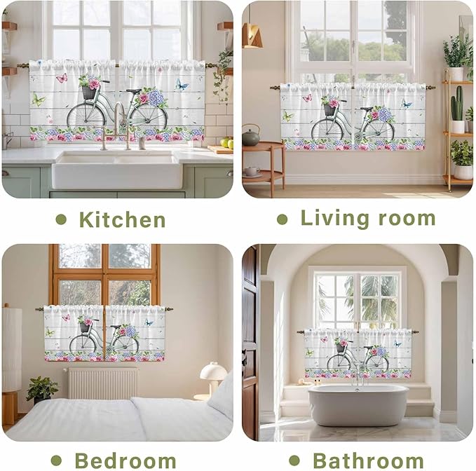 Spring Tier Curtains, Bicycles Botanical Rose Leaves Butterfly Wood Grain Light Filtering Kitchen Curtains, 2Pcs Rod Pocket Half Window Treatments Panels for Sink Cafe Cabinet Camper 27.5x36 Inches