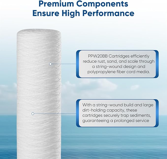 PUREPLUS 5 Micron 4.5" x 20" Whole House String Wound Sediment Filter for Well Water, Replacement Cartridge for Pentair Pentek WP5BB20P/WP25BB20P, Hydronix SWC-45-2005, SpiroPure SP-WP5-20BB, 2Pack