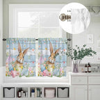 Kitchen Curtains Tiers and Valance Set of 3, Easter Light Filtering Window Curtain Set, Farmhouse Spring Rabbit Eggs Flowers Wooden Board Rod Pocket Curtain Drapes for Living Room, 24 Inches Tiers