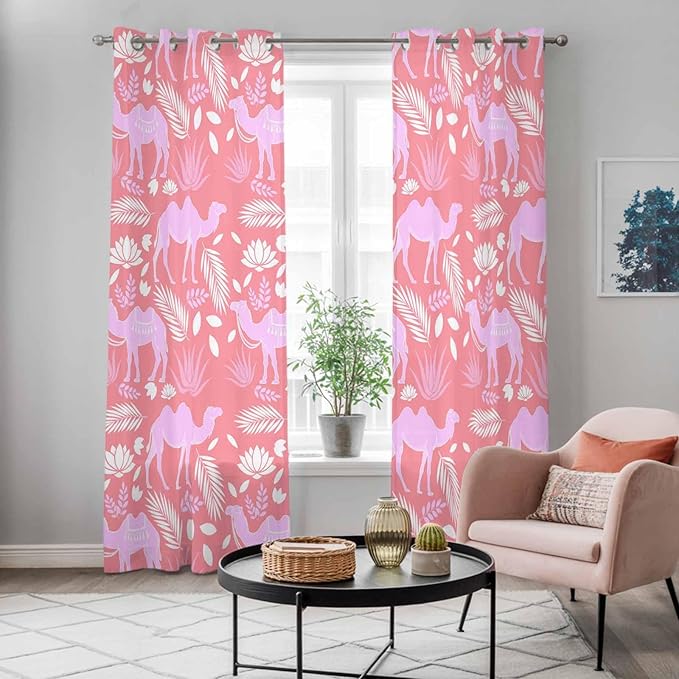 2 Panel Kitchen Cafe Curtains, Desert Camel Sunlight Filtering Nature Air Through, Window Decor Tier Curtains for Living Room 104W x 96L inch Vintage Sand Camel Leaves Flower Pattern Pink