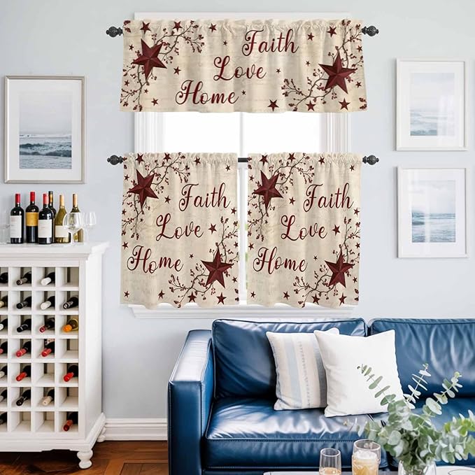 Kitchen Curtains Tiers and Valance Set of 3, Vintage Country Light Filtering Window Curtain Set, Vintage Rustic Texas Stars Plants Branch Rod Pocket Curtain Drapes for Living Room, 24 Inches Tiers