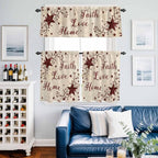 Kitchen Curtains Tiers and Valance Set of 3, Vintage Country Light Filtering Window Curtain Set, Vintage Rustic Texas Stars Plants Branch Rod Pocket Curtain Drapes for Living Room, 24 Inches Tiers