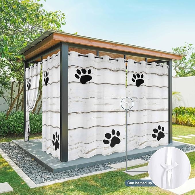 Wood Grain Outdoor Curtains for Patio Claws Animals Wooden White Waterproof Outside Curtains with Grommet Top Weatherproof Curtain for Cabana Pergola Gazebo, 1 Panel, 54" W x 95" L
