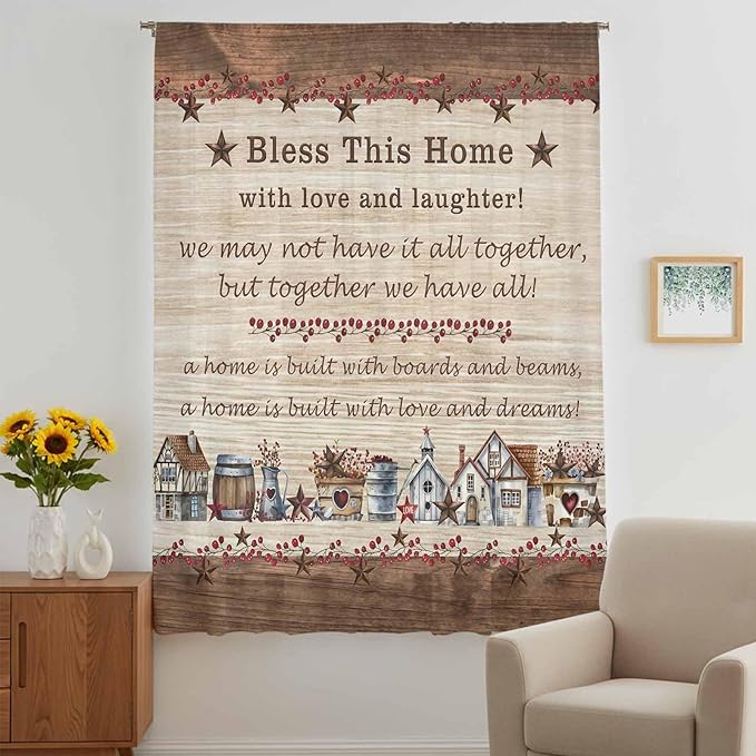 Farmhouse Sheer Curtains 96 Inch Length Brown Country Star Berry Vintage Wood Grain Chiffon Curtain for Bedroom Living Room Light Filtering Rod Pocket Window Treatments Voile Curtains Drapes