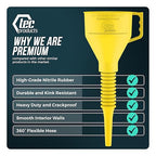 TEC Products FlexAll Long Flexible Funnels - Automotive Oil Funnel with Hose, Durable Nitrile Rubber for Oil Change, Transmission Funnel Fluid, Diesel, Fuel, Gas - Made in USA - Yellow (16 x 5 Inches)