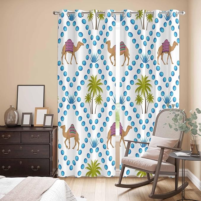 2 Panel Kitchen Cafe Curtains, Camels Palm Trees Sunlight Filtering Nature Air Through, Home Decor Window Covering Tier Curtains for Living Room 80W x 84L inch Tropical Desert Animal Plants Polka Dot