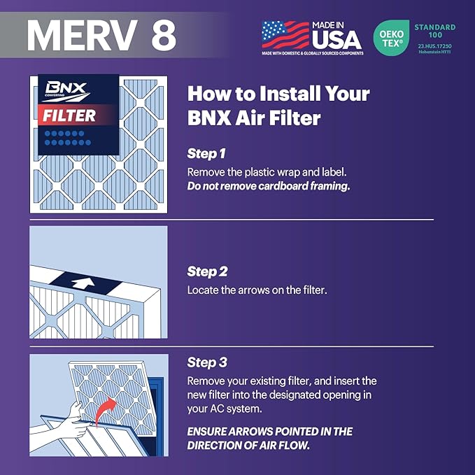 BNX TruFilter 14x24x1 Air Filter MERV 8 (4-Pack) - MADE IN USA – Dust & Pet Defense Air Conditioner HVAC AC Furnace Filters for Dust, Pet, Mold, Pollen MPR 600 – 700 & FPR 5