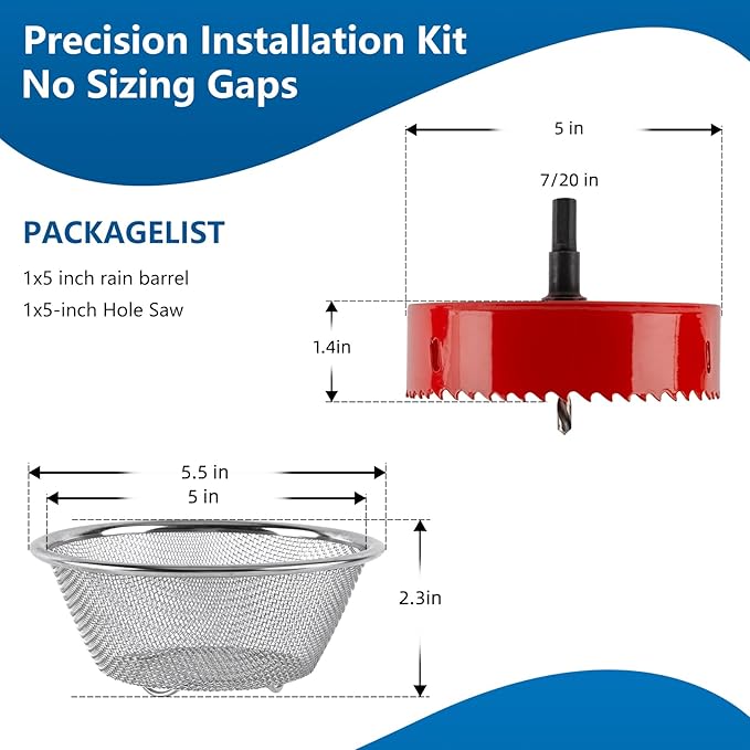 5" Rain Barrel Screen Kit with Hole Saw Tool - Complete Aluminum Mesh Cover & DIY Filter for Easy Rainwater Collection from Gutters