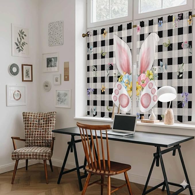 Easter Kitchen Tier Curtains 45 Inch Long 2 Panel Set,Rod Pocket Short Window Treatment,Spring Rabbits Ears Feet Wildflowers Black Plaid Light Filtering Curtains & Drapes for Bathroom 27.5"W x 45"L
