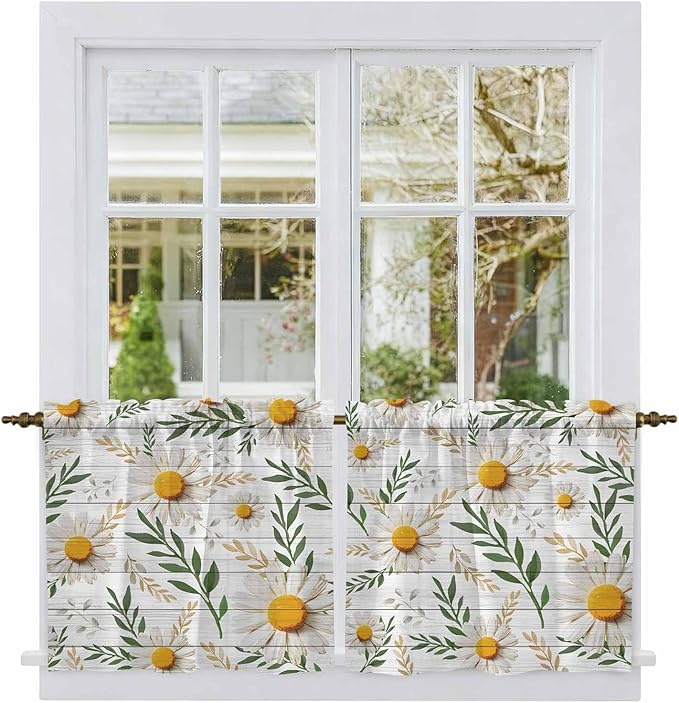 Spring Daisy Tier Curtains, Farmhouse Country Flower Leaf Plant Wood Grain Light Filtering Kitchen Curtains, 2Pcs Rod Pocket Half Window Treatments Panels for Sink Cafe Cabinet Camper 27.5x24 Inches